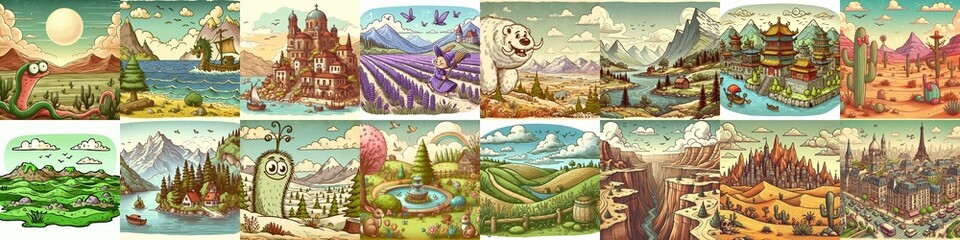 Funny cartoon landscapes. AI generated illustration