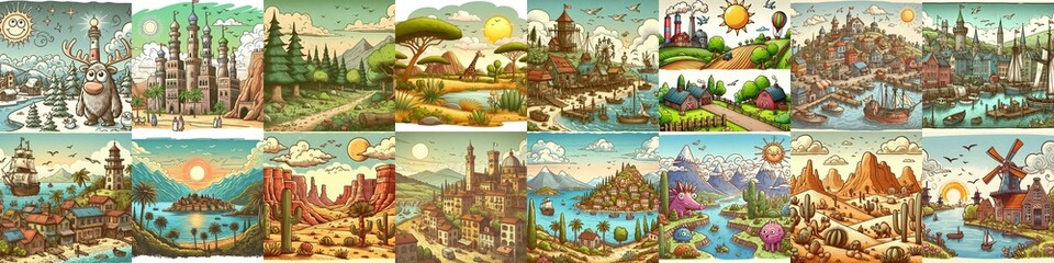 Funny cartoon landscapes. AI generated illustration