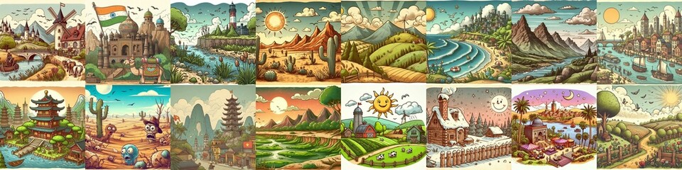Funny cartoon landscapes. AI generated illustration