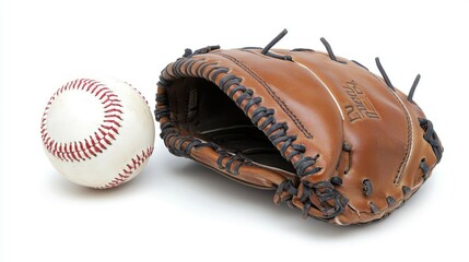 A baseball and a leather baseball glove on a white background.