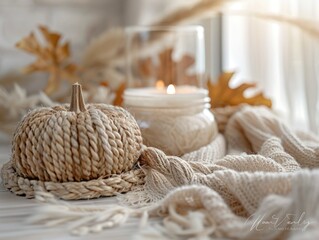Obraz premium Warm and neutral fall decor featuring a braided rope pumpkin, soft knitted blanket, and candle with dried leaves, ideal for cozy autumn ambiance. 
