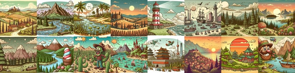 Funny cartoon landscapes. AI generated illustration