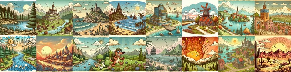Funny cartoon landscapes. AI generated illustration