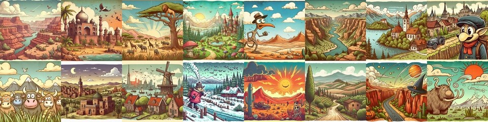 Funny cartoon landscapes. AI generated illustration