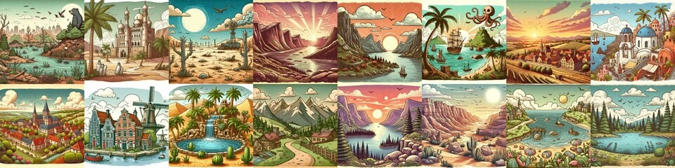 Funny cartoon landscapes. AI generated illustration