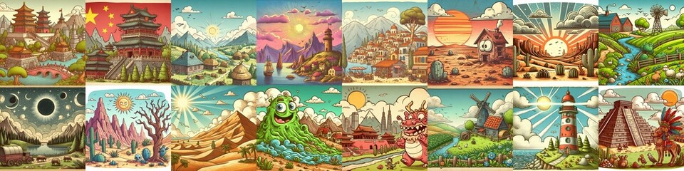 Funny cartoon landscapes. AI generated illustration