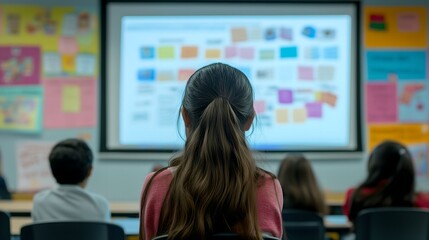 A girl with long hair sits in a classroom with other students