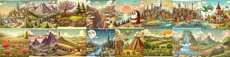 Funny cartoon landscapes. AI generated illustration