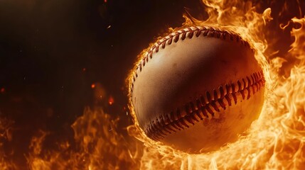 A baseball engulfed in flames against a black background.
