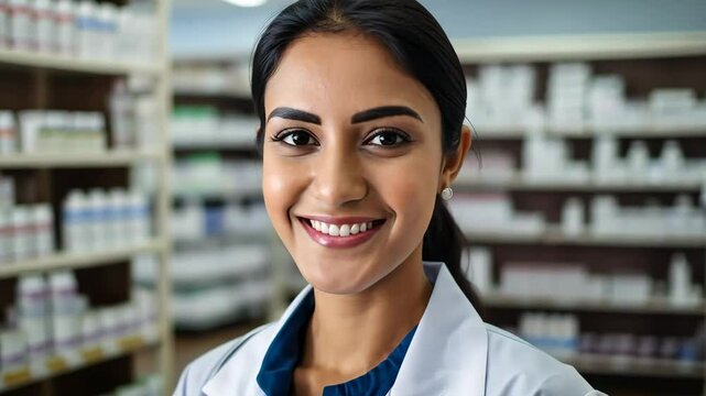 portait of a pretty female pharmacist in a drugstore	