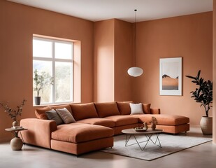 Fototapeta premium Modern living room featuring a stylish coral sofa, minimalist coffee table, and elegant lamp
