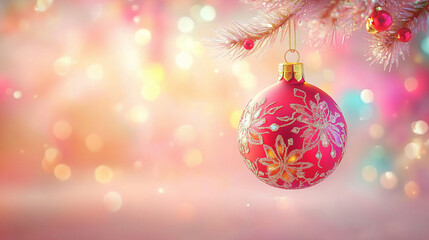 Fototapeta premium Red Christmas ornament hanging on a tree branch.