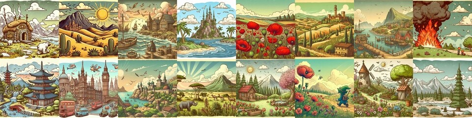 Funny cartoon landscapes. AI generated illustration
