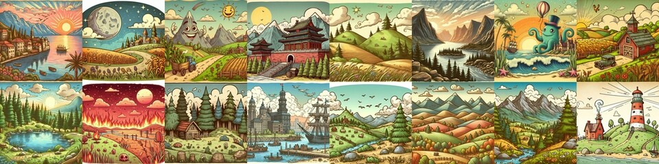 Obraz premium Funny cartoon landscapes. AI generated illustration