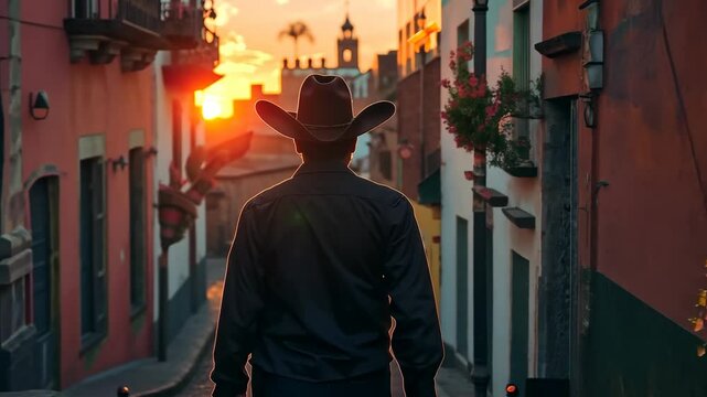 man wearing a hat walking in a traditional town in Mexico during the sunset