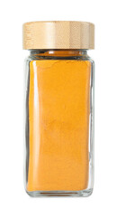 Curry powder in glass jar isolated on white