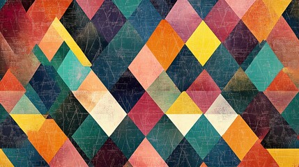 Colorful geometric pattern of squares with a vintage, distressed look.