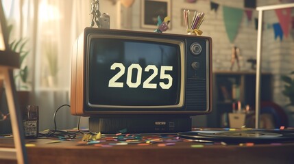 Vintage living room with retro tv and records 2025