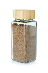 Cumin powder in glass jar isolated on white