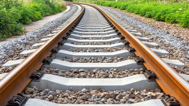 Close-up of railway tracks surrounded by greenery.