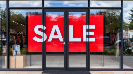 Large red sale sign on store window display.