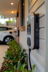 Wall mounted electric car charger in garage with space for custom text or inscriptions