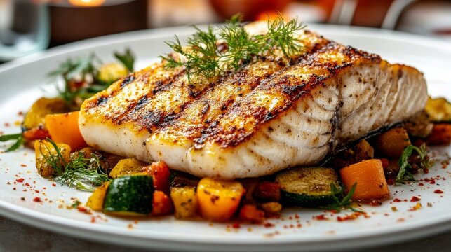 Juicy baked cod fillet with herbs, broccoli and zucchini served on a white dish. Natural light, rustic style, concept of healthy nutrition and gourmet dinner.