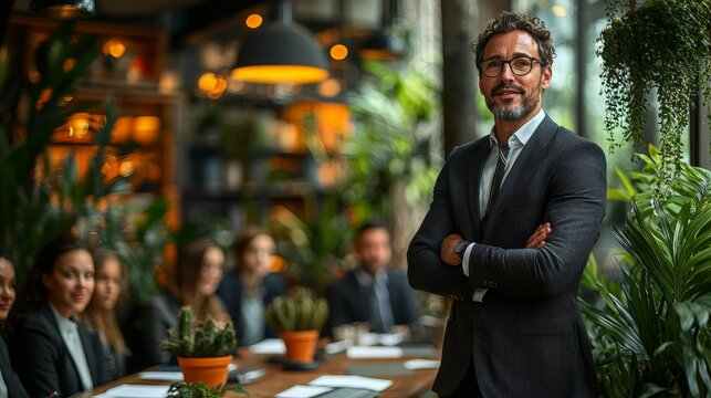 A corporate trainer standing in front of a group of employees, presenting a training module with ample space for text on the left side. Flat design