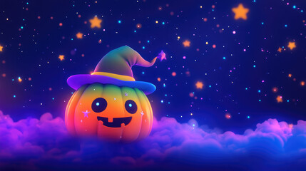 A 3D pumpkin in pastel rainbow hues, topped with a witch hat, floating in a spooky sky surrounded by glowing stars.