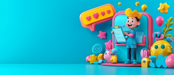 Obraz premium An employee attending a development workshop while taking notes, with room for a headline above the scene. 3D illustration