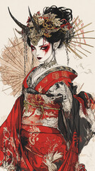 Fototapeta premium Stylized demon geisha illustration featuring traditional Japanese kimono, horns, and dark fantasy elements, blending beauty and horror with striking red and black contrasts.