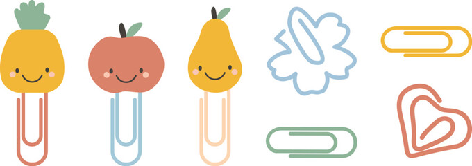 Set of paper clips in the form of fruits - apple, pineapple, pear. Geometrical flower- and heart-shaped paper clips of different colors. Flat style.