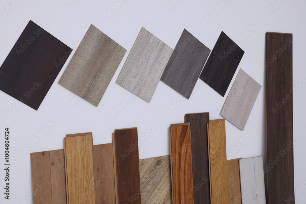 Sticker Many different samples of wooden flooring on light background