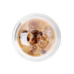 Tasty milk bubble tea in plastic cup isolated on white, top view