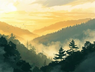 Obraz premium Morning landscape of sunrise over a mountain ridge and mist in the valley. AI generative.