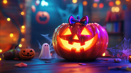 Colorful 3D pumpkin with a playful face, wearing a bow tie, and surrounded by Halloween decorations like cobwebs and ghosts.
