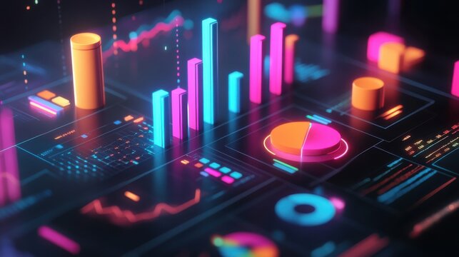 3D render of a colorful bar charts and pie graphs representing statistical data analysis and business metrics