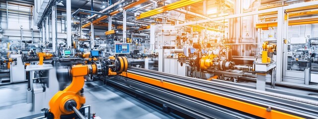 High-tech manufacturing facility with robotic arms and advanced machinery during daylight operations
