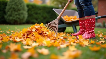 A person in red boots rakes a pile of vibrant orange and yellow autumn leaves into a wheelbarrow in a garden, preparing for fall cleanup.