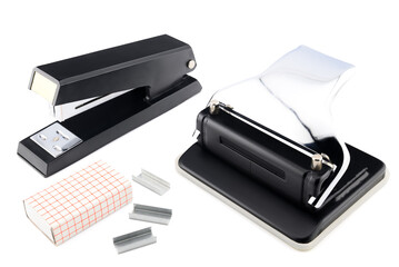 black stapler and hole punch, steel paper scrapers