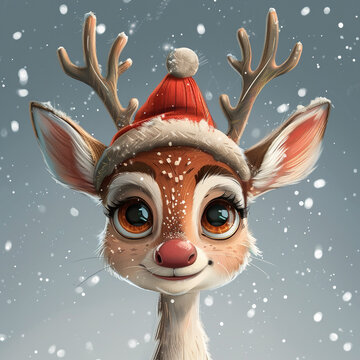 A cartoon Christmas Reindeer, happy wearing a red hat