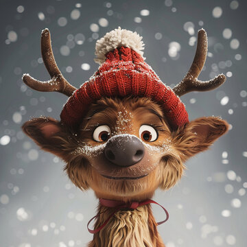 A cartoon Christmas Reindeer, happy wearing a red hat
