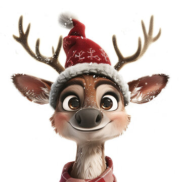 A cartoon Christmas Reindeer, happy wearing a red hat