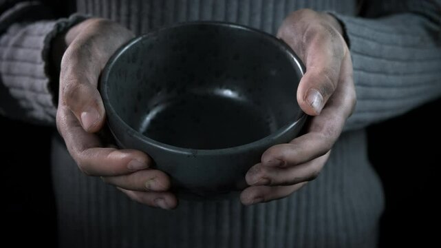 Poverty, hunger, child. Dirty hands of a hungry child with an empty plate.