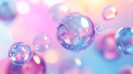A group of iridescent bubbles float against a colorful, abstract background.