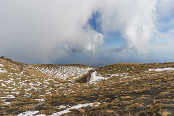 Volcanic landscape of Mount Etna with black lava and yellow grass on a cloudy winter day, Catania, Sicily, Italy