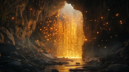 A mesmerizing magical fantasy world where humans and mystical creatures coexist, captured in stunning realism. This hidden, mythical location brings to life a sense of wonder and mystery, evoking awe 