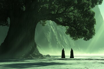 A mesmerizing magical fantasy world where humans and mystical creatures coexist, captured in stunning realism. This hidden, mythical location brings to life a sense of wonder and mystery, evoking awe 