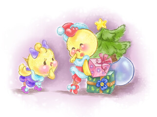Obraz premium Festive hand-drawn New Year and Christmas card: a girl chick and a chick in the image of Santa Claus with a Christmas tree and gifts behind his back.