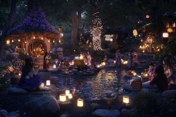 Obraz premium A mesmerizing magical fantasy world where humans and mystical creatures coexist, captured in stunning realism. This hidden, mythical location brings to life a sense of wonder and mystery, evoking awe 